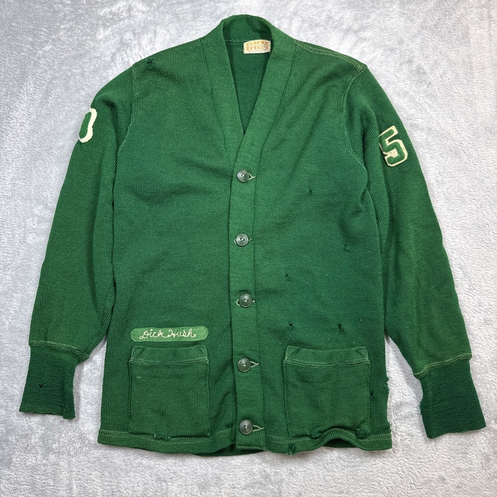 Vintage‎ Wool Letterman Sweater Mens S Green Detroit Knitting Mills Distressed